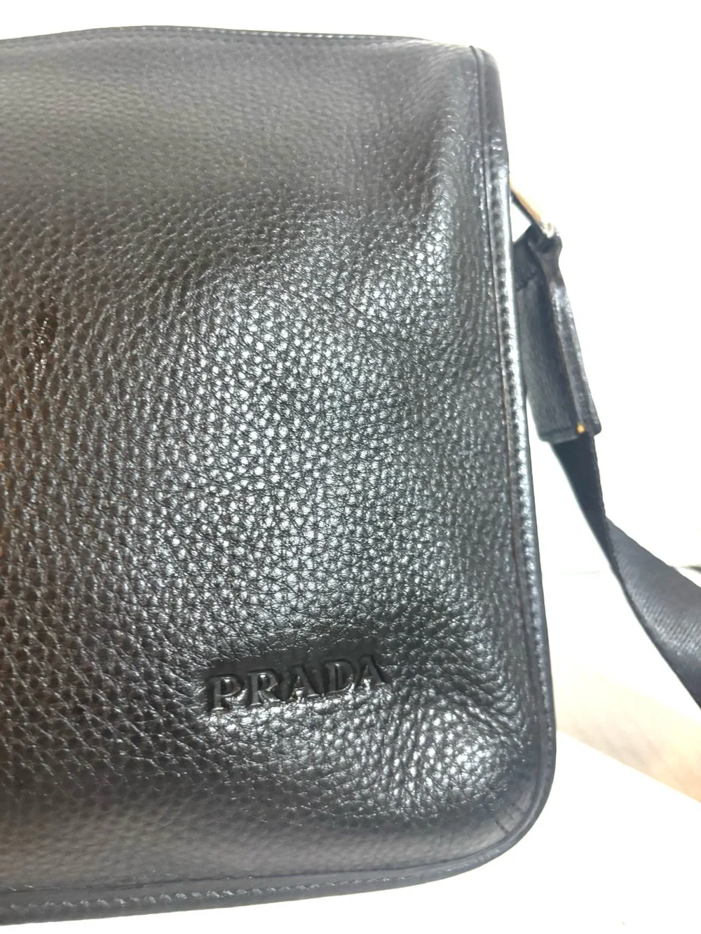 Prada unisex Black pebbled Leather Crossbody Bag with Adjustable Strap